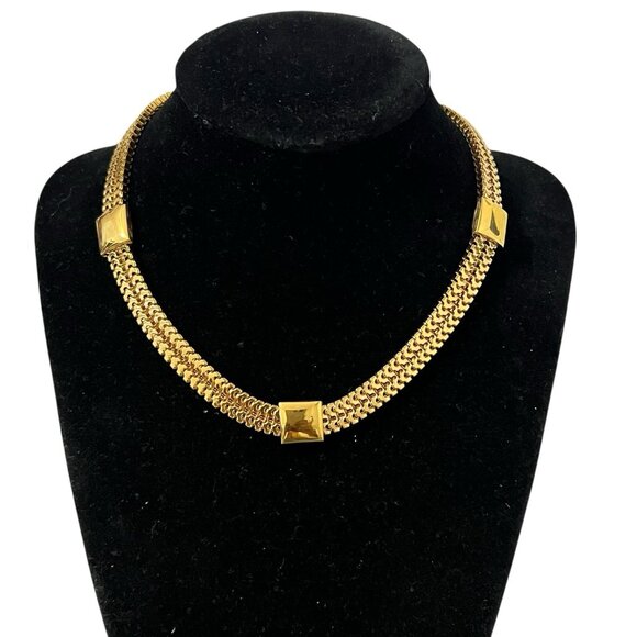 Monet Gold Tone Double Chain Link Choker Necklace 16" Mirrored Square Accents - Picture 1 of 9